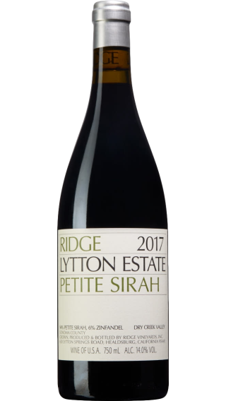 Bottle of Ridge Lytton Estate Petite Sirah 2017 wine 750 ml